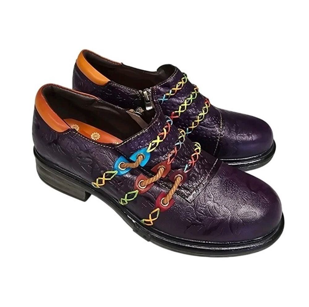 Socofy Genuine Leather Colourful Rope Deco Ethnic Printed Women's Flat Shoes 38